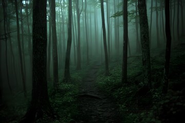 Obraz premium Mysterious Foggy Forest Path with Lush Greenery