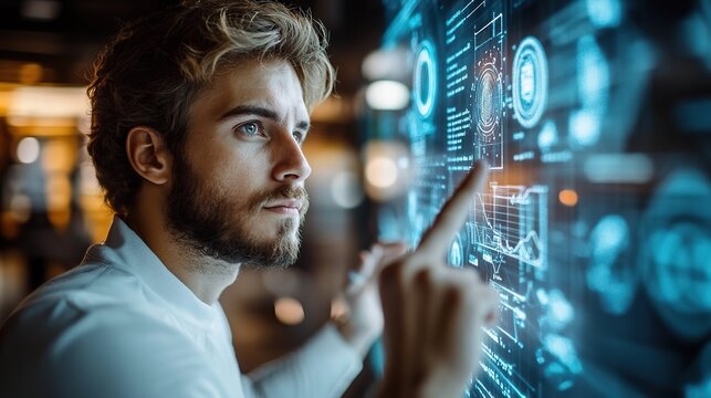business professional interacts with futuristic device displaying holographic diagrams charts and dat symbolizing advanced technology and modern business analytics.illustration
