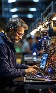 an engineer carrying a laptop An enormous completely automated machine is controlled by a programmable logic controller.