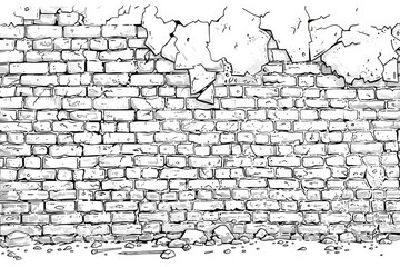 Coloring book illustration of an old brick wall with peeling plaster showcasing renovation aspects of an aged building with an industrial design theme