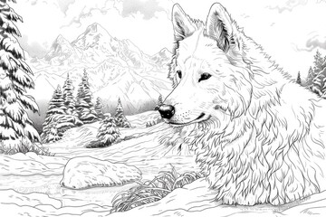 Coloring book illustration of animals adapting to winter A white dog in a snowy landscape The behavior of predators while hunting in the cold season