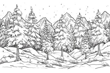 Obraz premium Coloring book illustration of a mountain landscape featuring a winter fairytale scene with snow covered trees