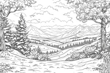 Coloring book illustration of a scenic ski landscape with panoramic views