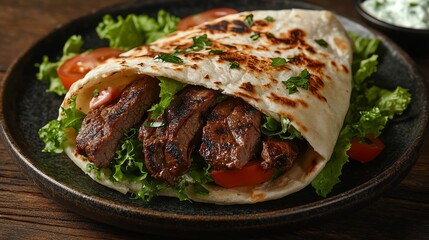 Organic beef gyros with tzatziki sauce, lettuce, and tomatoes wrapped in pita bread, served on a rustic plate, organic beef gyros, Greek street food