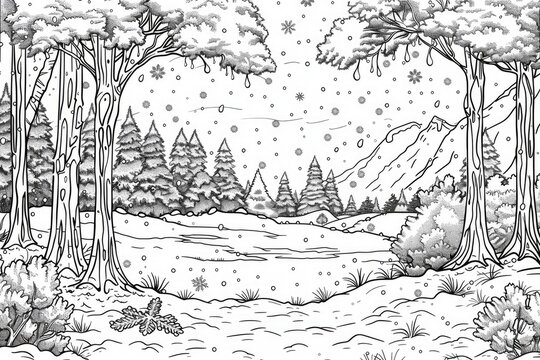 Coloring book illustration of a winter landscape with snowfall in a serene forest setting