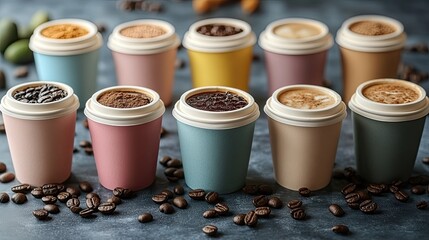 collection of mockup coffee cups featuring blank labels displayed in natural soft pastel colors...