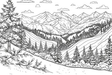 Coloring book illustration of a picturesque mountain landscape with ski slopes and pine trees