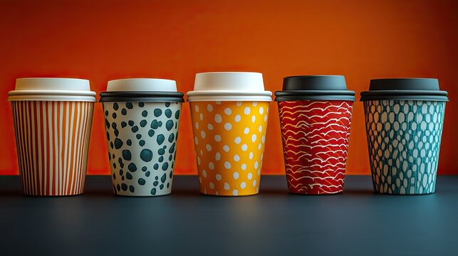 collection of stylish takeaway coffee cups in various designs perfect for showcasing branding and packaging concepts.stock image