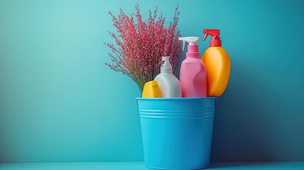 collection of various cleaning products in blue bucket symbolizing cleanliness and household chores.illustration