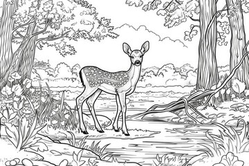 Coloring book illustration of a playful young deer in a serene forest scene