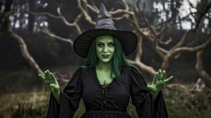Woman with green makeup dressed as a witch stands in an eerie forest with arched tree branches, creating a mystical and magical atmosphere.