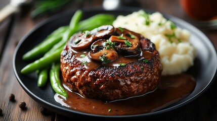 Organic beef Salisbury steak with rich mushroom gravy, served with mashed potatoes and green beans, organic beef Salisbury steak, diner comfort