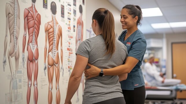 A physical therapist examines a patient's posture. They are both facing a large anatomical chart depicting the human muscular system.