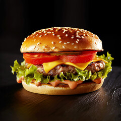 Fresh, delicious burger with a beef patty, lettuce, cheese, tomatoes and cucumbers. A large, fresh hamburger with overflowing cheese filling. On a wooden table isolated on a dark background