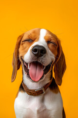 Portrait of a delighted beagle dog smiling and looking at the camera on an orange yellow background