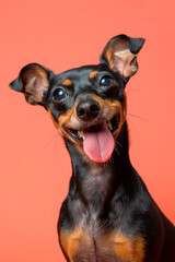 A happy Pincher puppy isolated on a peach-pink background