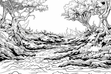 Fototapeta premium Coloring book illustration of a moss covered lava landscape