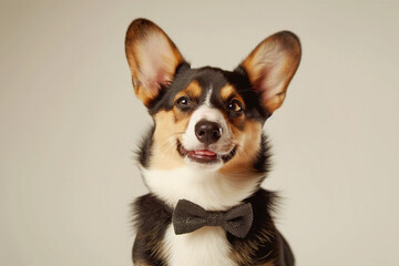 cute portrait of a corgi dog, corgi smiling	with a bow tie
