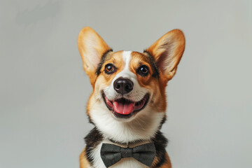 cute portrait of a smiley corgi dog, corgi with a bow tie