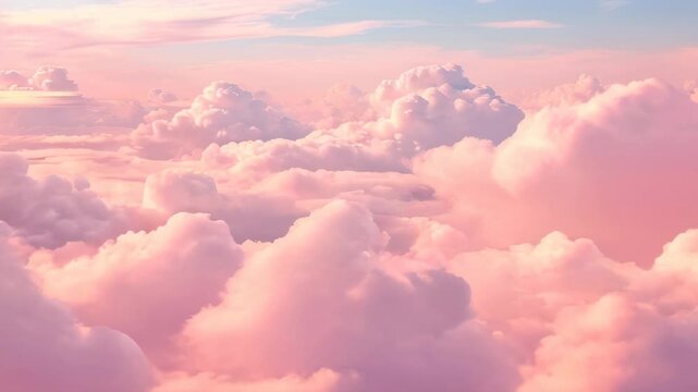 Fluffy pink clouds float peacefully in a soft, pastel sky, creating a serene and dreamy atmosphere filled with gentle light.