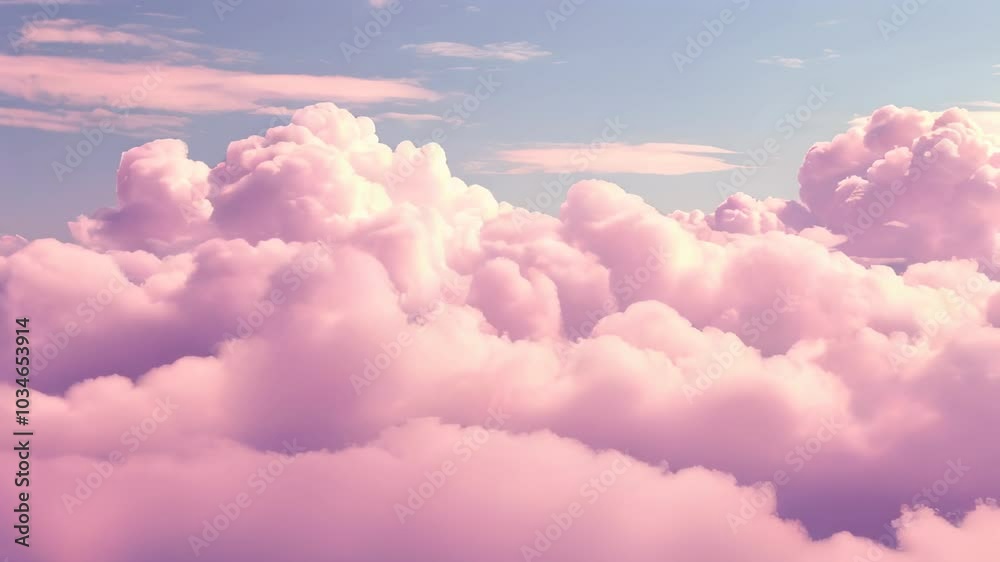 Sticker fluffy pink clouds float against a soft blue sky, creating a serene and dreamlike atmosphere with a 