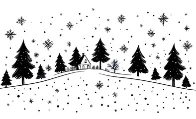 nordic house style Christmas card, simple line drawing on a white background.