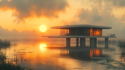 Fototapeta premium Modern House on Concrete Pillars at Sunset