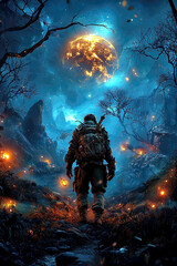 Fototapeta premium A solitary figure walks through a dark forest illuminated by glowing orbs, surrounded by mysterious trees and a vibrant moon in the sky.