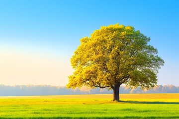 Single Tree in a Green Field with a Blue Sky