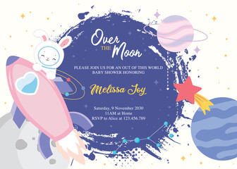 baby shower invitation with a cute bunny astronaut and space elements
