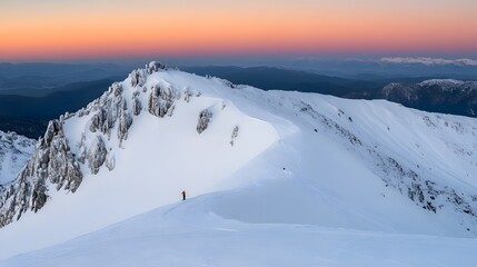 Obraz premium Snowy Mountain Peak at Sunset with Backcountry Skier