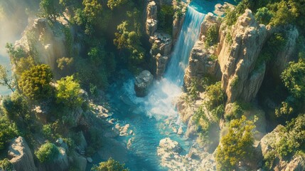 Fototapeta premium Serene Waterfall in Lush Green Landscape