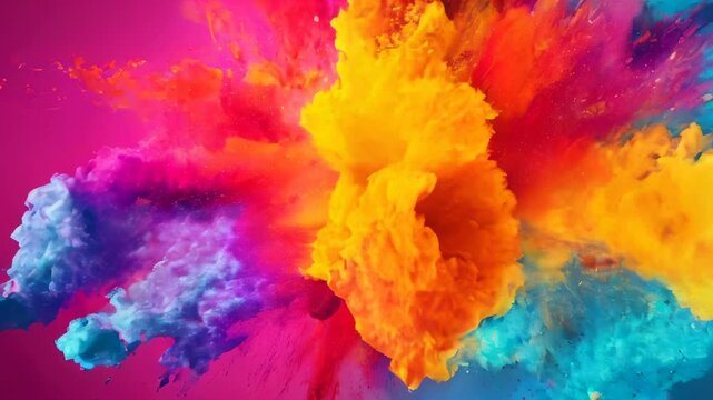 An explosion of colorful powder in mid-air, featuring vibrant pink, orange, yellow, blue, and purple hues against a bold background.