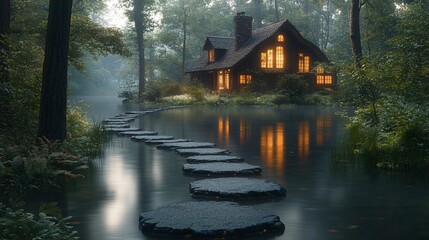 Fototapeta premium Tranquil House Surrounded by Serene Nature Scene