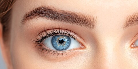 Obraz premium A close-up of a person's eye, showcasing striking blue iris, thick eyelashes, and well-groomed eyebrows.