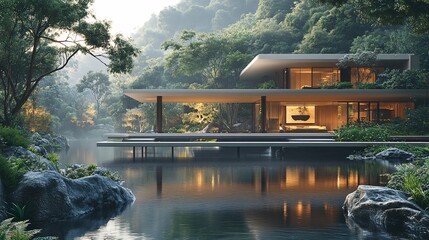Fototapeta premium Modern Sleek House Overlooking Tranquil Water