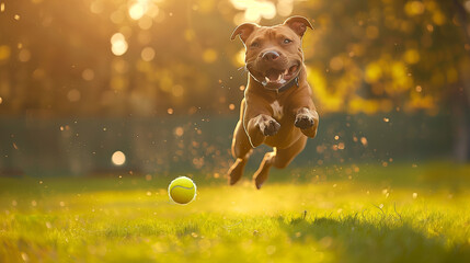 Excited dog chasing tennis ball in sunlit park with motion blur