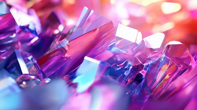 A stunning close-up of colorful crystals with vibrant lighting in pink and purple hues, creating a dazzling, refracted light effect.