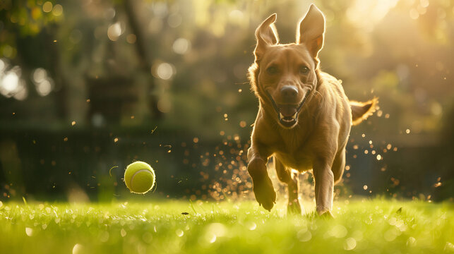 Excited dog chasing tennis ball in sunlit park with motion blur - Powered by Adobe