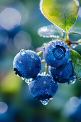 Close-up of fresh blueberries glistening with water droplets, showcasing their vibrant color and natural beauty in a blurred background.