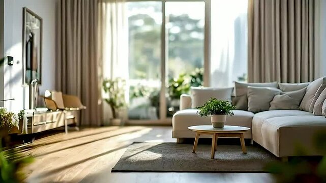 A modern living room with  a white couch ,  a coffee table , and  a large window
