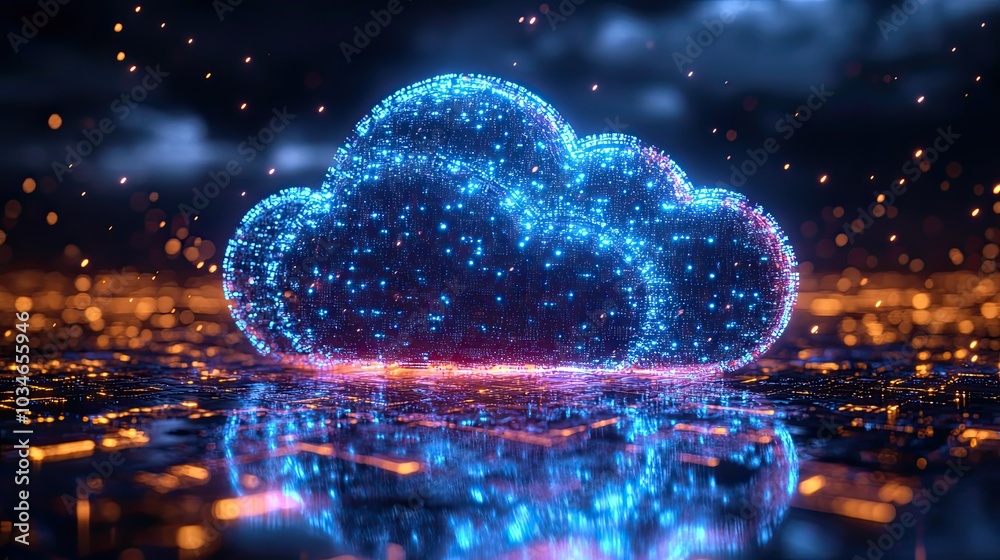 Poster digital cloud floating in the sky symbolizing dat synchronization and cloud computing.stock image