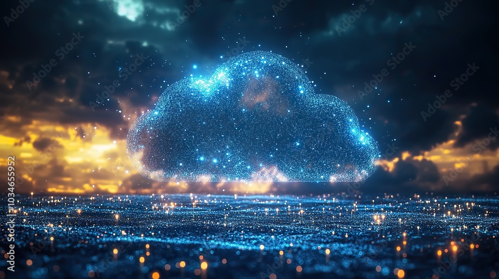Poster digital cloud floating in the sky symbolizing dat synchronization and cloud computing