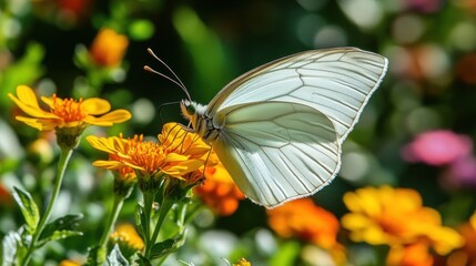 A white butterfly with its wings spread wide, perched on a yellow flower in a field of colorful blooms.
