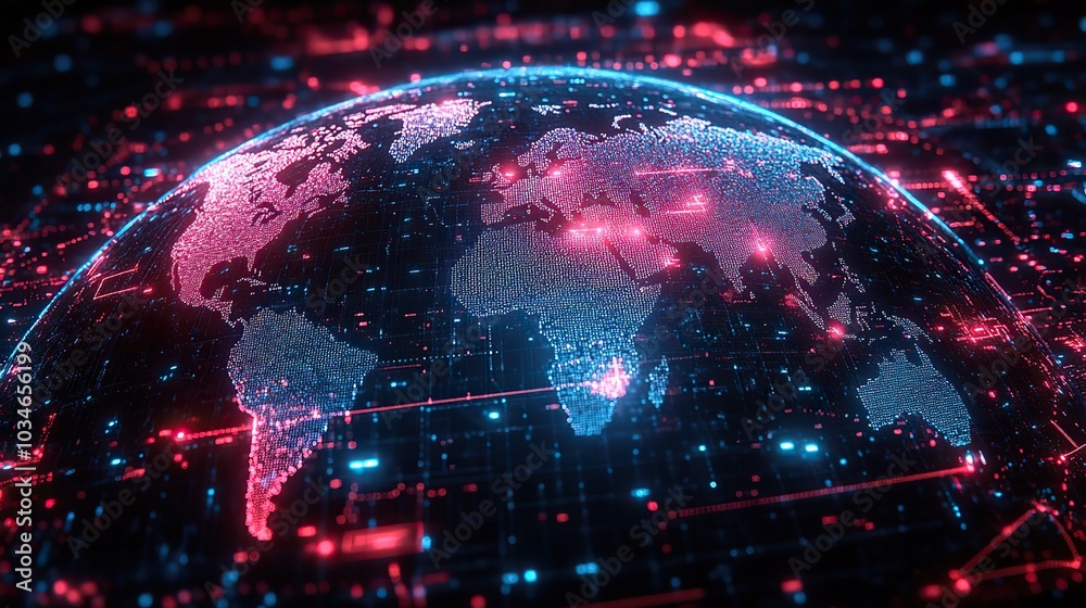 Poster digital globe showcasing global network connections and communication links symbolizing worldwide co