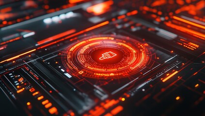 Obraz premium Advanced Security Technology Icon with Glowing Orange Lock and Red Keyhole on Digital Interface