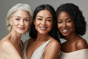 three women of different ages and ethnicities, all with radiant, glowing skin.