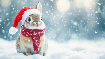A cute pastel rabbit wearing a Santa hat and scarf, standing in snow with ample space for text