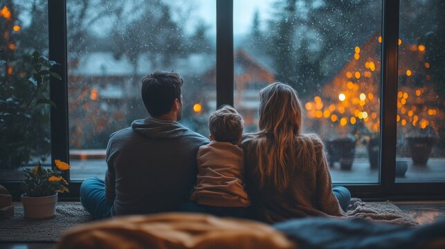 A family of three enjoys a cozy moment together by the window, watching the rain fall, while soft lights glow outside. The scene captures warmth and tranquility.