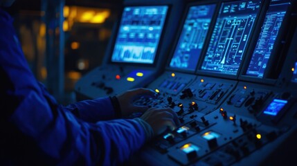 Close-up of a person's hands working on a control panel with a computer screen in the background.